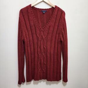 Vintage Lands' End v-neck‎ open cable knit medium weight sweater woman's size XL